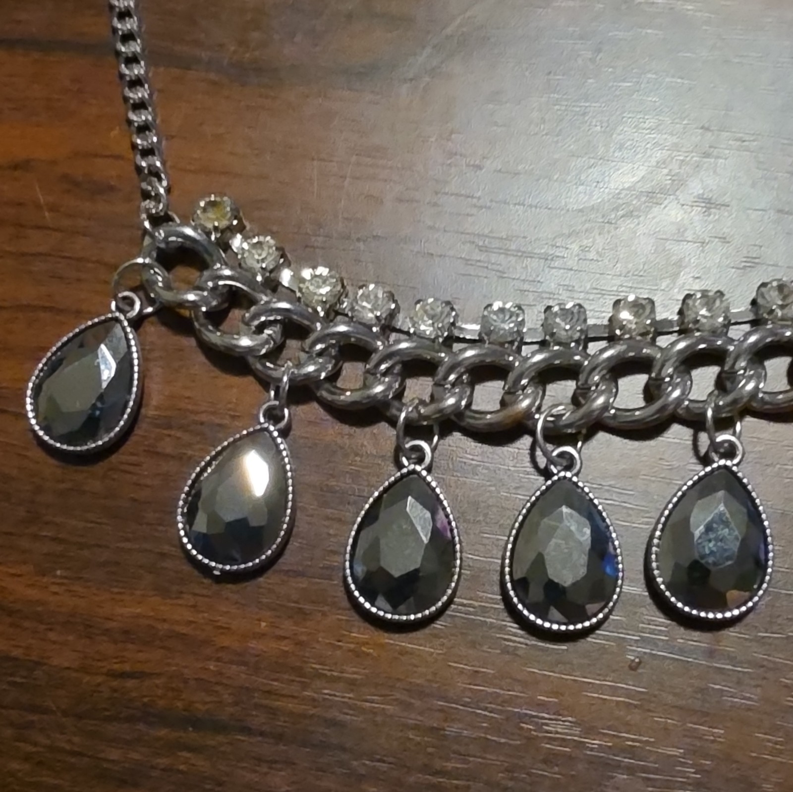 Silver Tone Curb Chain Statement Necklace Black Teardrop Rhinestone Charms Adj