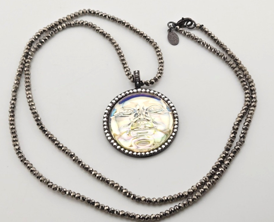 Kirks Folly Seaview Water Moon 35mm Pendant on Beaded Necklace Hematite/ AB #90