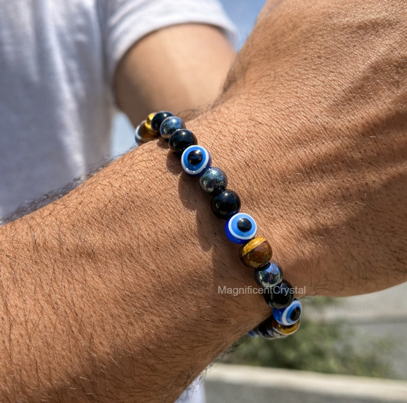 Evil Eye Triple Protection Bracelet Black Obsidian Tiger Eye Hematite Crystal