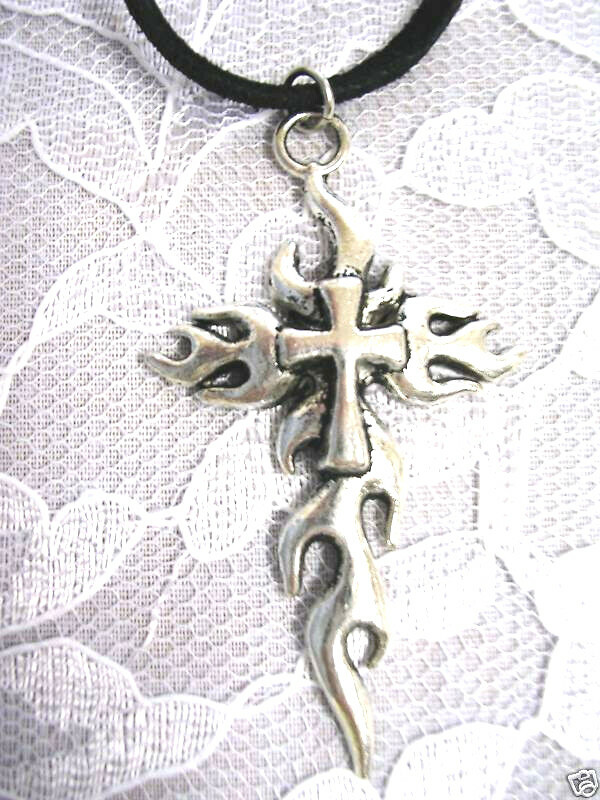 TRIBAL FLAMING FIRE CROSS ZINC ALLOY ANTIQUE LOOK SILVER PENDANT ADJ NECKLACE