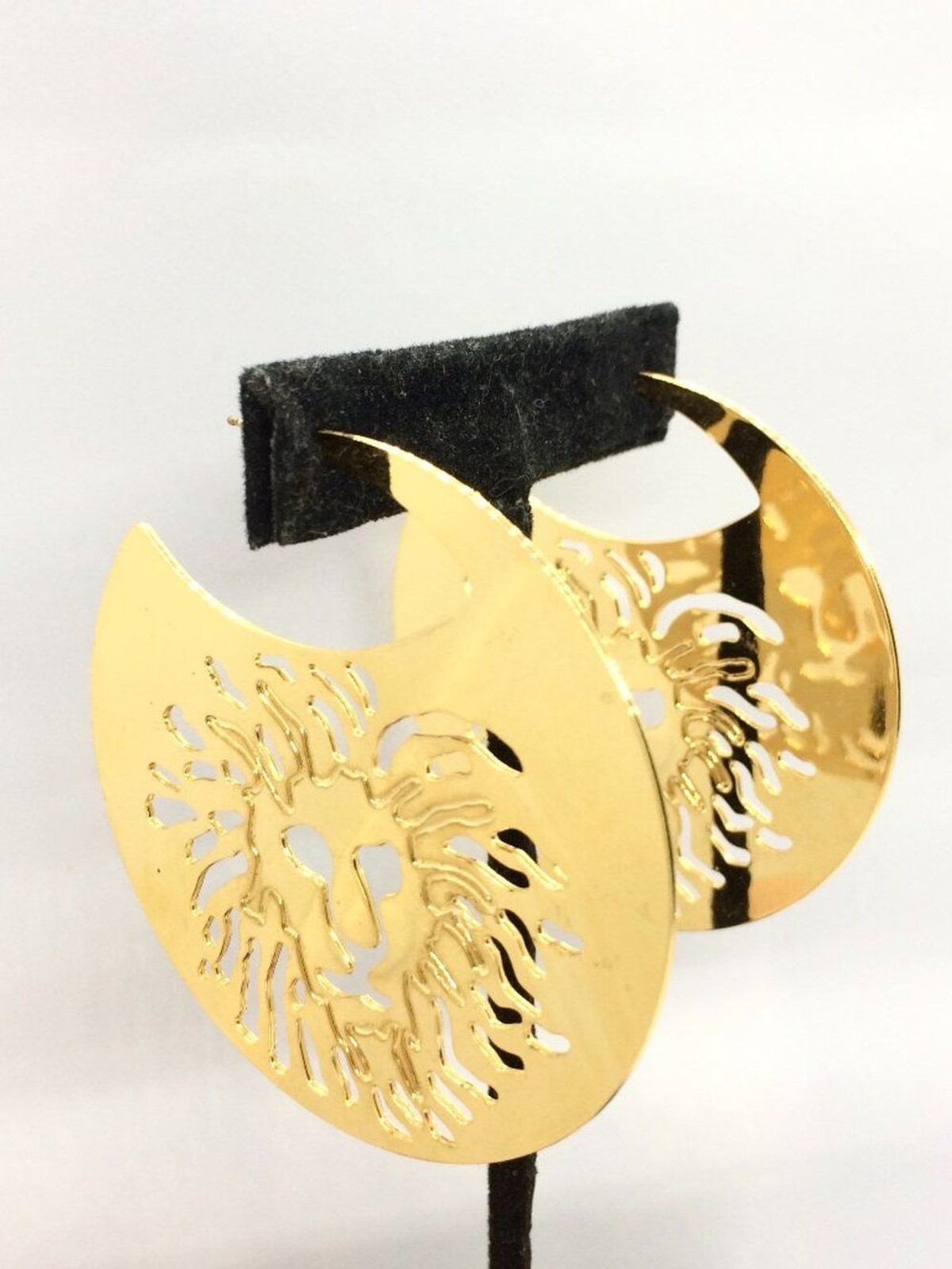 VINTAGE ANNE KLEIN Earrings Gold Tone Lion Logo Cutout Disc Statement 3 Inch