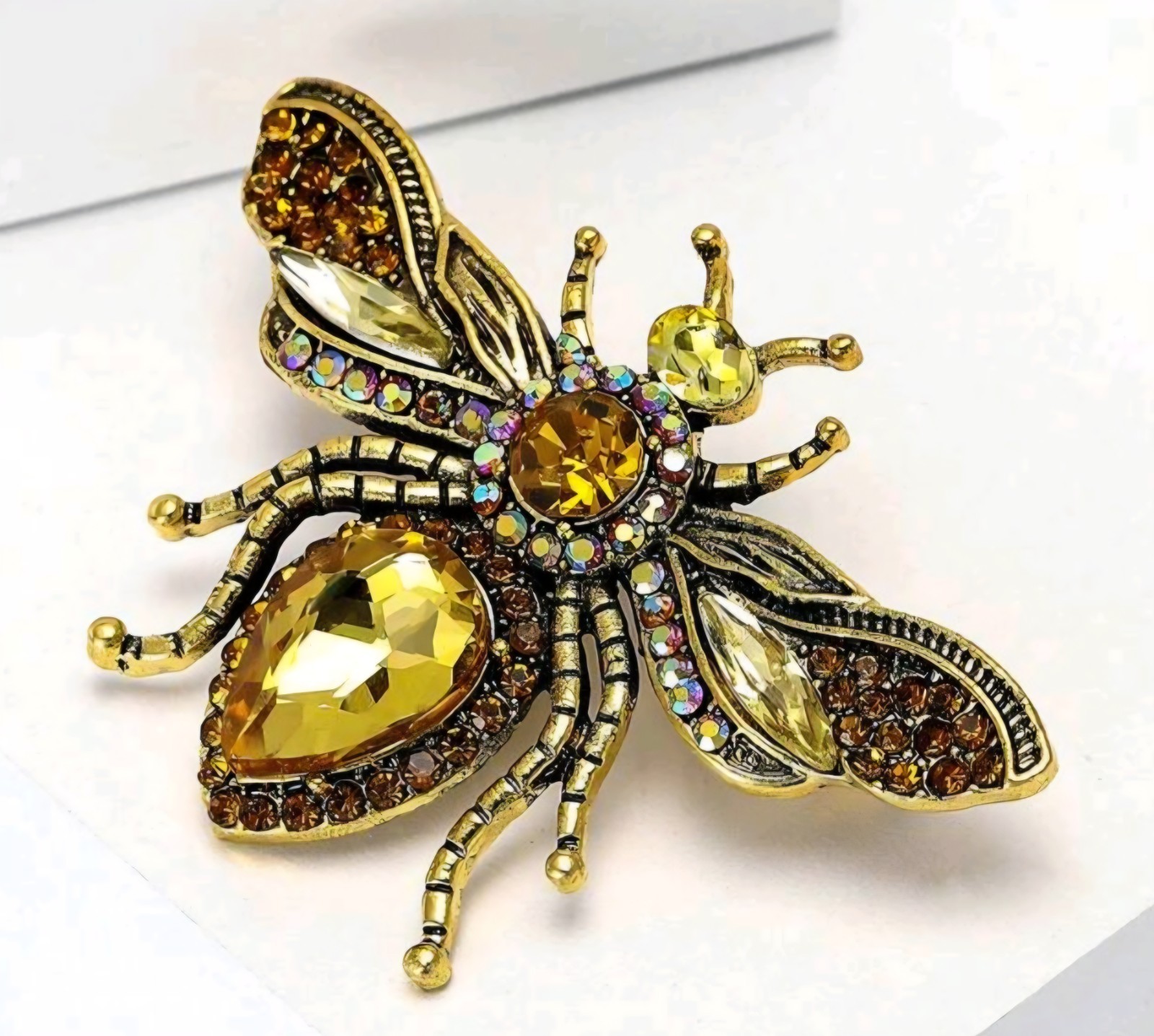 Yellow Rhinestone Bee Brooch Goldtone Flying Insect Wasp Cute Pin Summer Jewelry