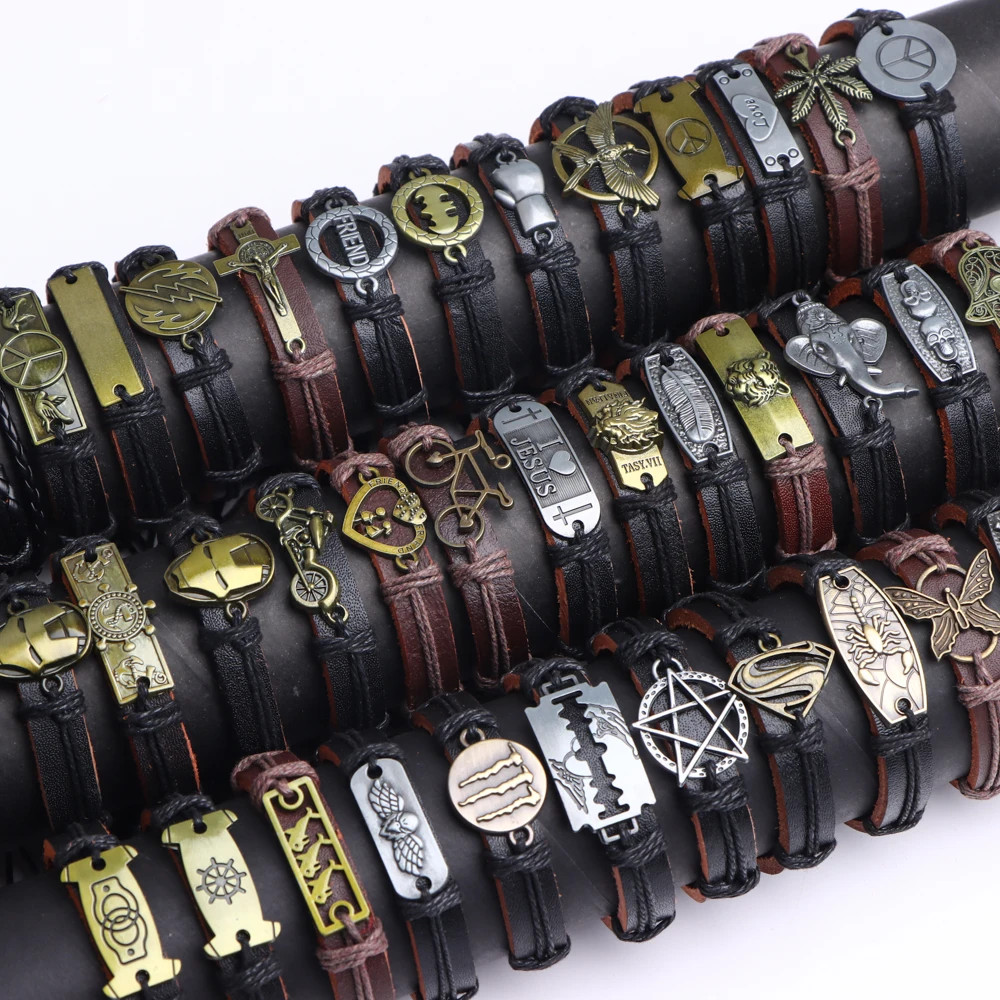 20PCS Handmade Adjustable Vintage Leather Bracelets Unisex Mixed Styles