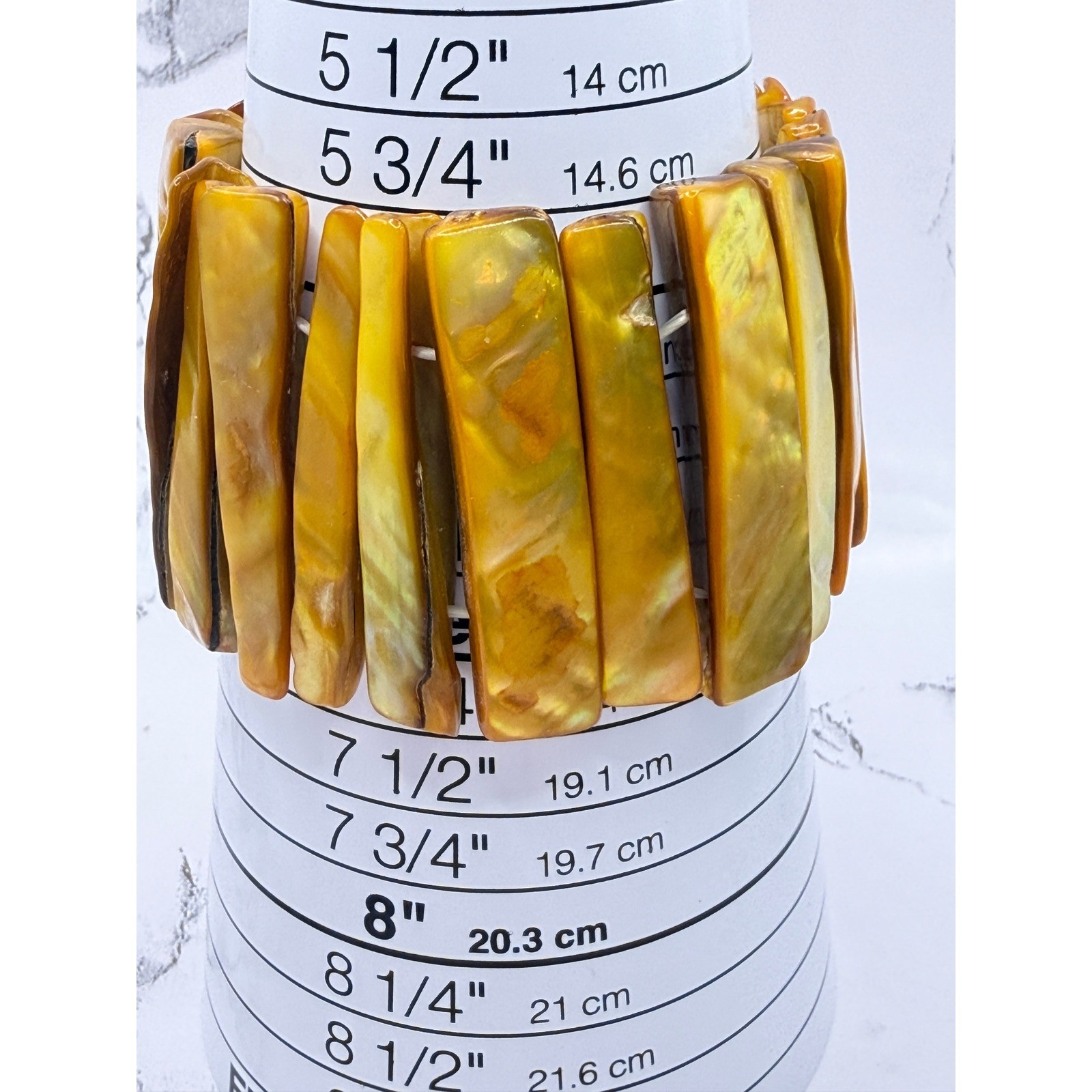 Wide 1.75″ Yellow Statement Bracelet Shell Composite Stretch Summer VIDEO