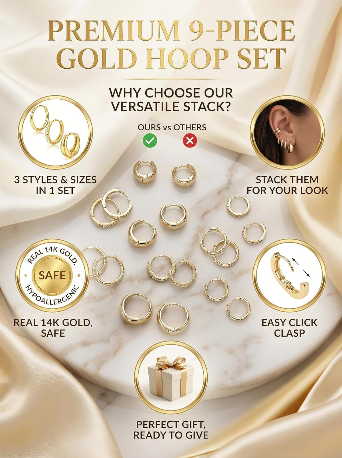 9 Pairs Gold Huggie Hoop Earrings Sets for Women, 14K Gold Plated Small Hoop Ear