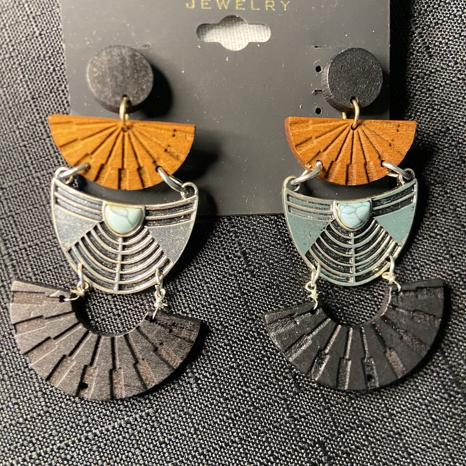 nOir Jewelry Multicolor Fan Dangle/Drop Earrings Wood & Metal Post Closure