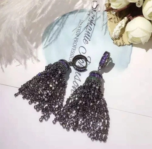 18k Black Rhodium Filled Purple Amethyst Gemstone Long Tassel Earrings Gorgeous