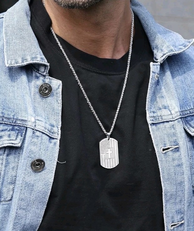 Dog Tag Cross Necklace for Men Boys, 24 Inches American Flag Bible Verse Pendant