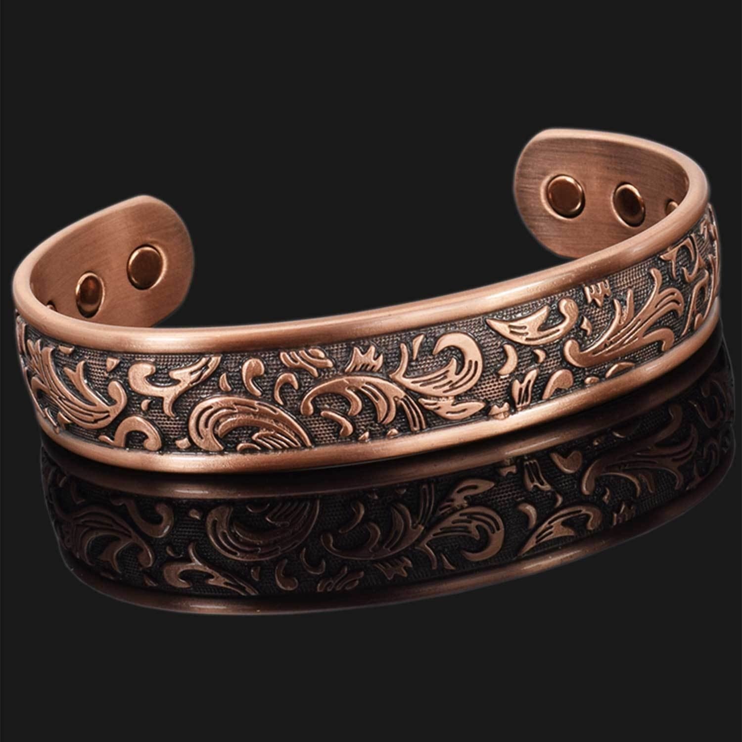 Antique Copper Cuff Bracelet Ornate Scroll Pattern Wide Wristband Vintage Style