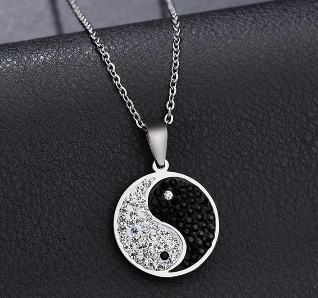 New Ying and Yang Yin Rhinestones Necklace Pendant Stainless Steel CZ