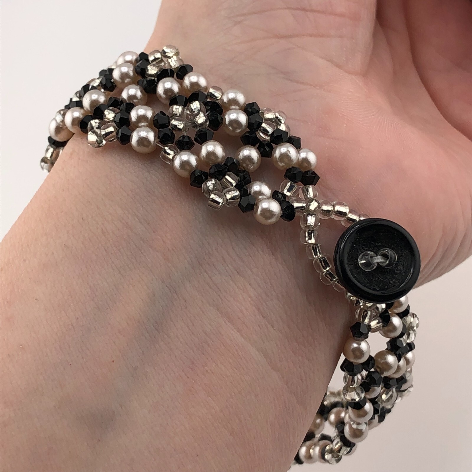 Woven Bead Bracelet Black, White & Pale Pink Beads Valentine’s Retro Festival