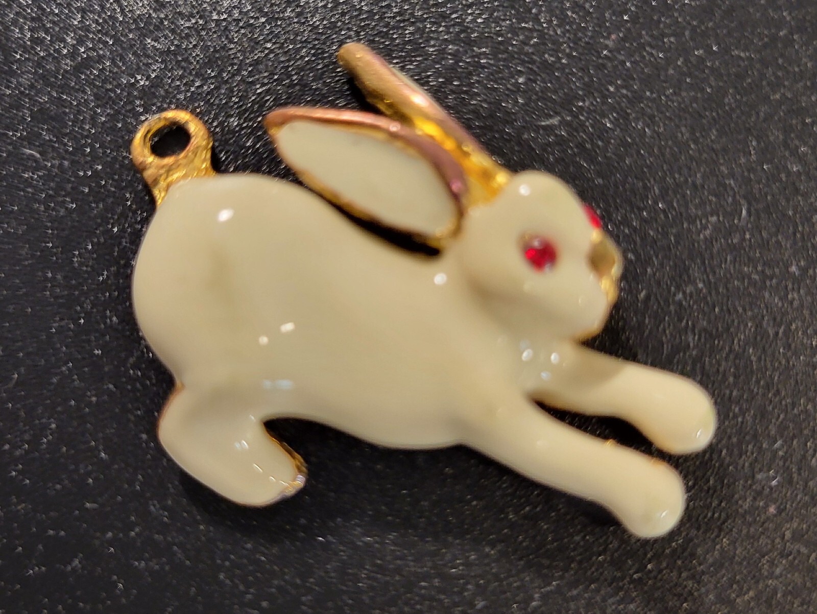 Enameled White Bunny Charm Made With Unknown Base Metal In Gold Color Red Eyes