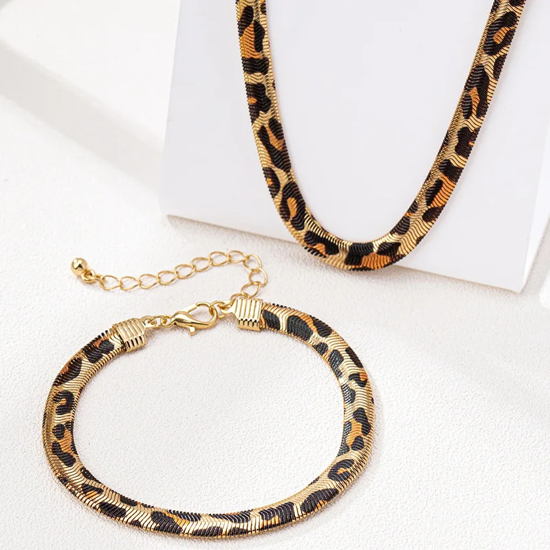 Leopard Print Snake Chain Bracelet Necklace Set For Women Fashion Jewelry Daily