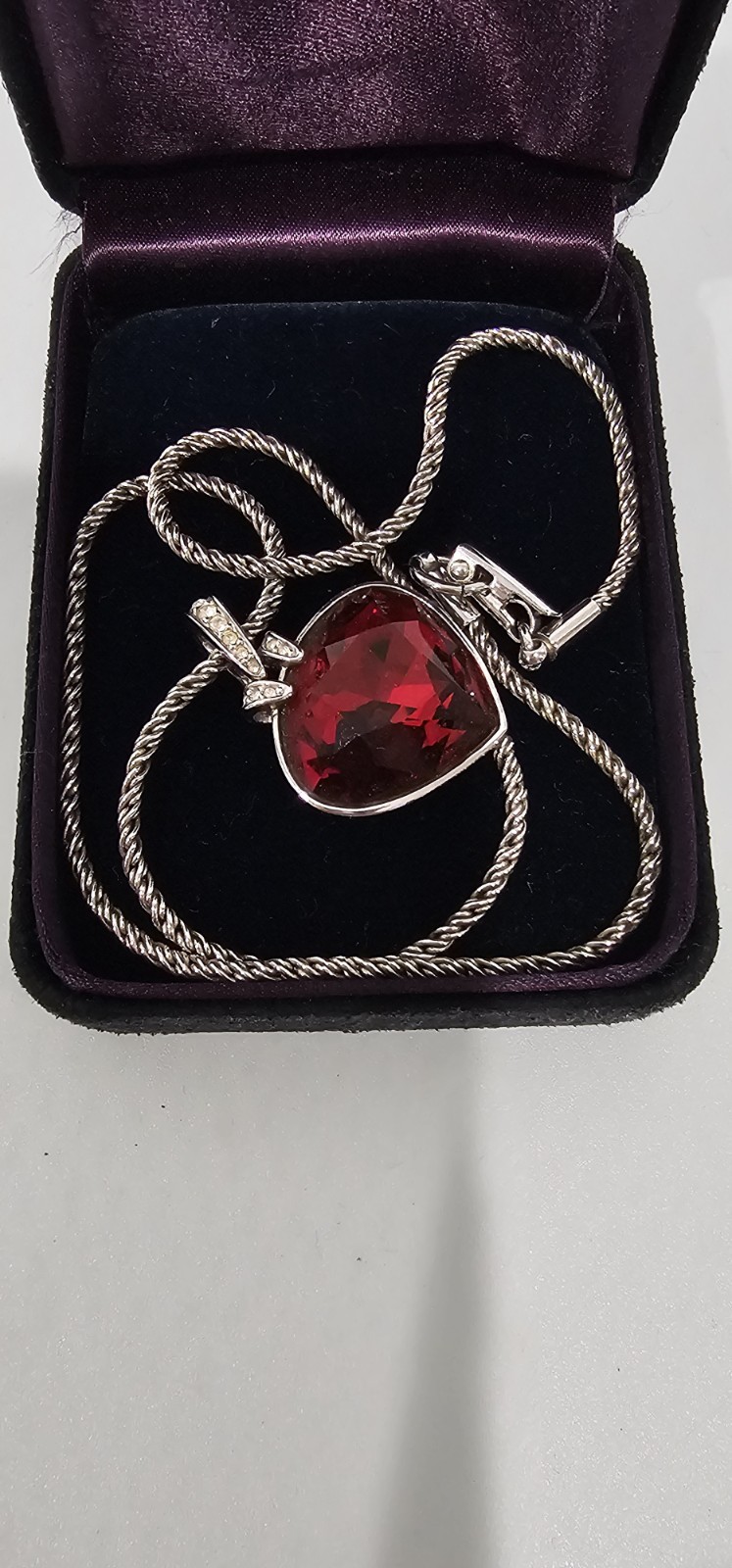 Swarovski Crystal Rhodium Silver Ruby RED OCEANIC HEART Pendant NECKLACE -No Box