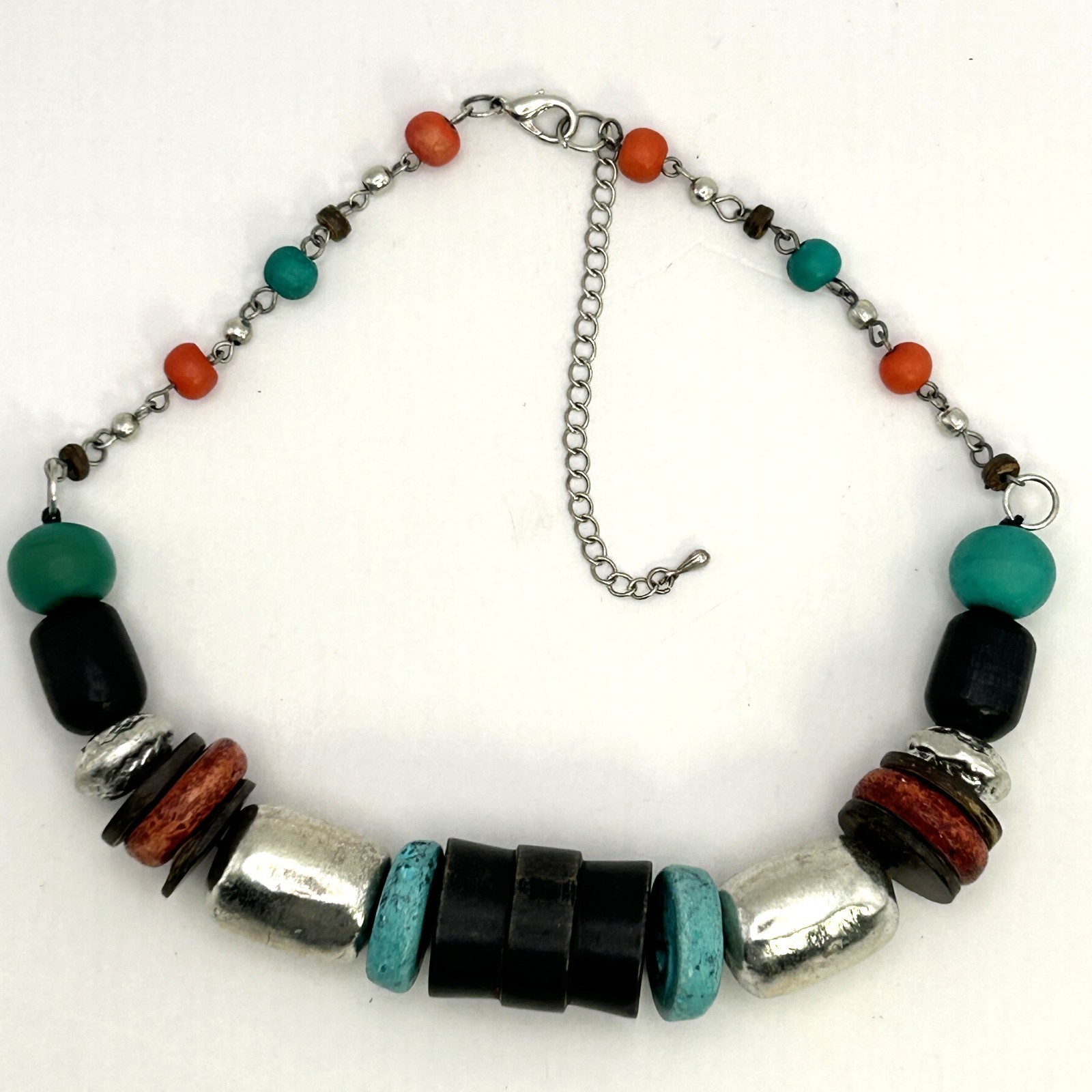 Chunky Boho Statement Necklace Mixed Wood Metal Teal Tribal Adjustable