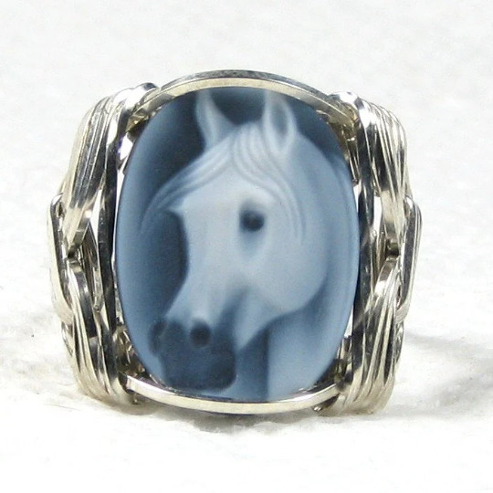 Horse Black Agate Cameo Ring Sterling Silver Custom Jewelry