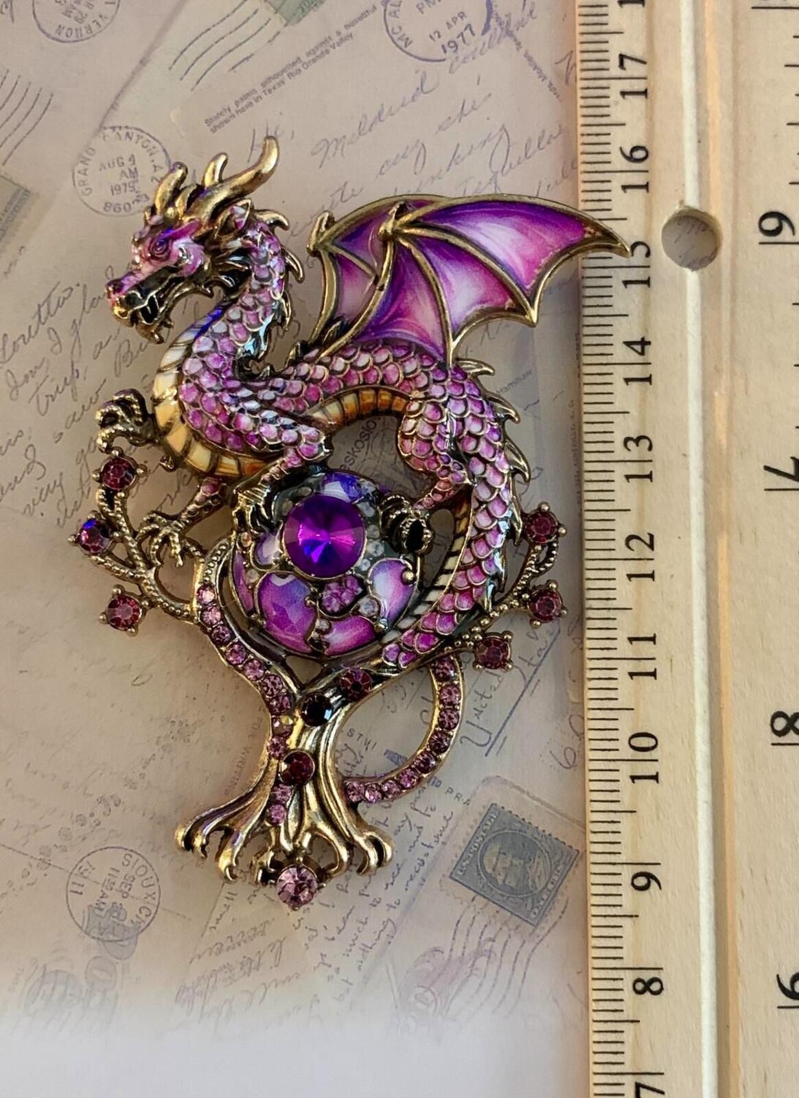 Ornate Fantasy Dragon Brooch With Crystal Orb Mythical Statement Pin