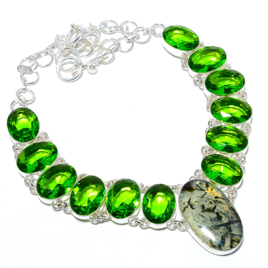 Natural Moss Prehnite & Peridot Gemstone 925 Silver Plated Necklace 17.99″ T16
