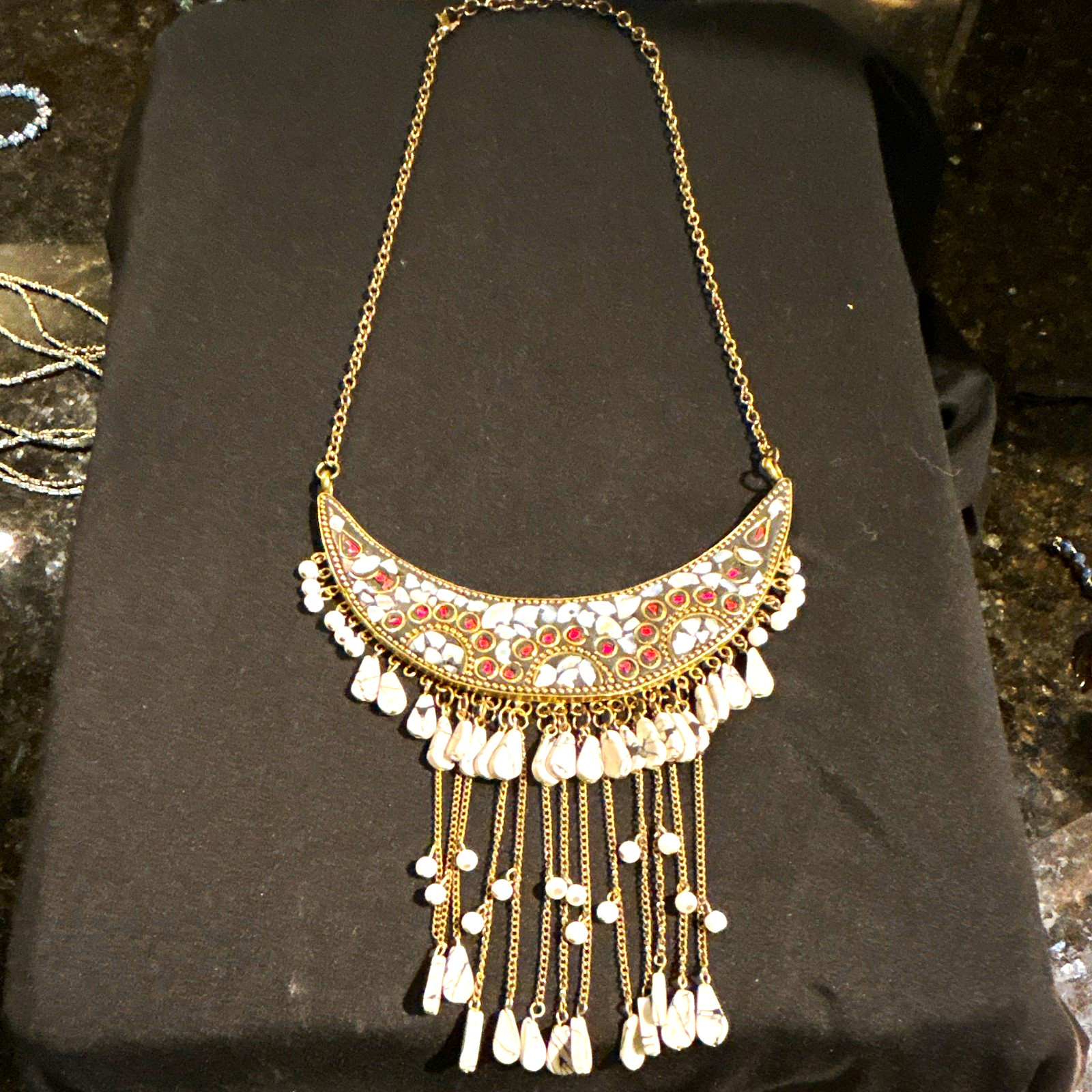 Gold Tone Statement Necklace Crescent Pendant Red/White Round Glass Fringe