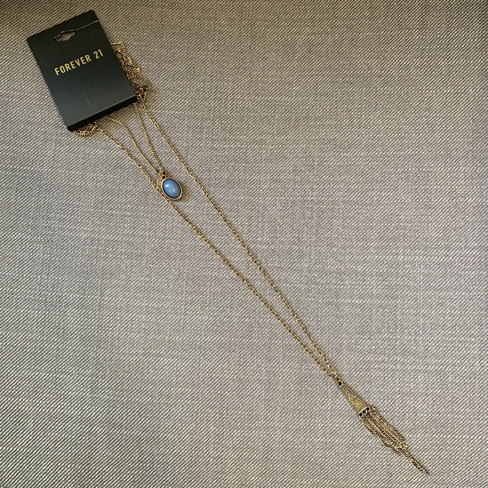 FOREVER 21 Chain Necklace Blue Stone Pendant Antique Gold Tone Tassel Etched 18″
