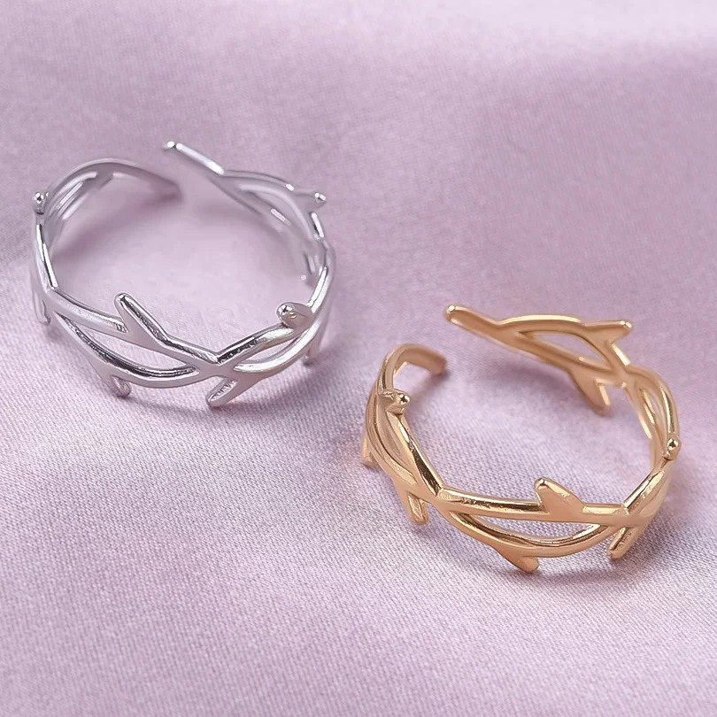 2PCS Stainless Steel Ring Leaf Water Droplet Adjustable Gold Plated Jewelry