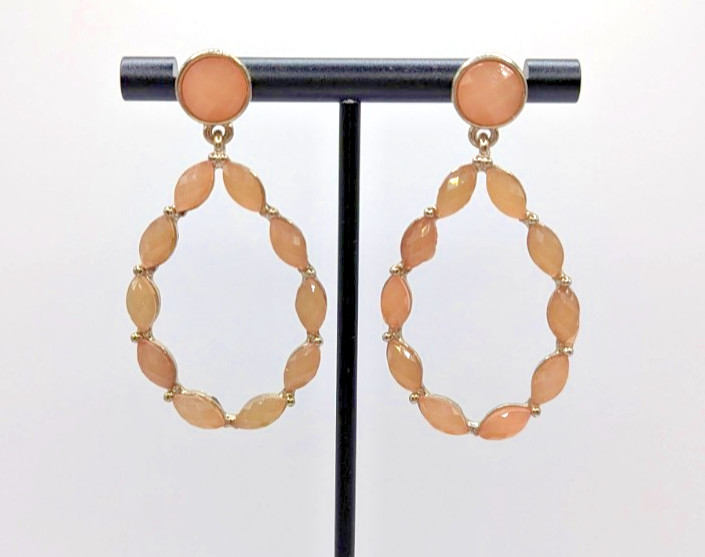 Salmon Light Pink Marquise Stones Teardrop Silver-tone Dangle Drop Post Earrings