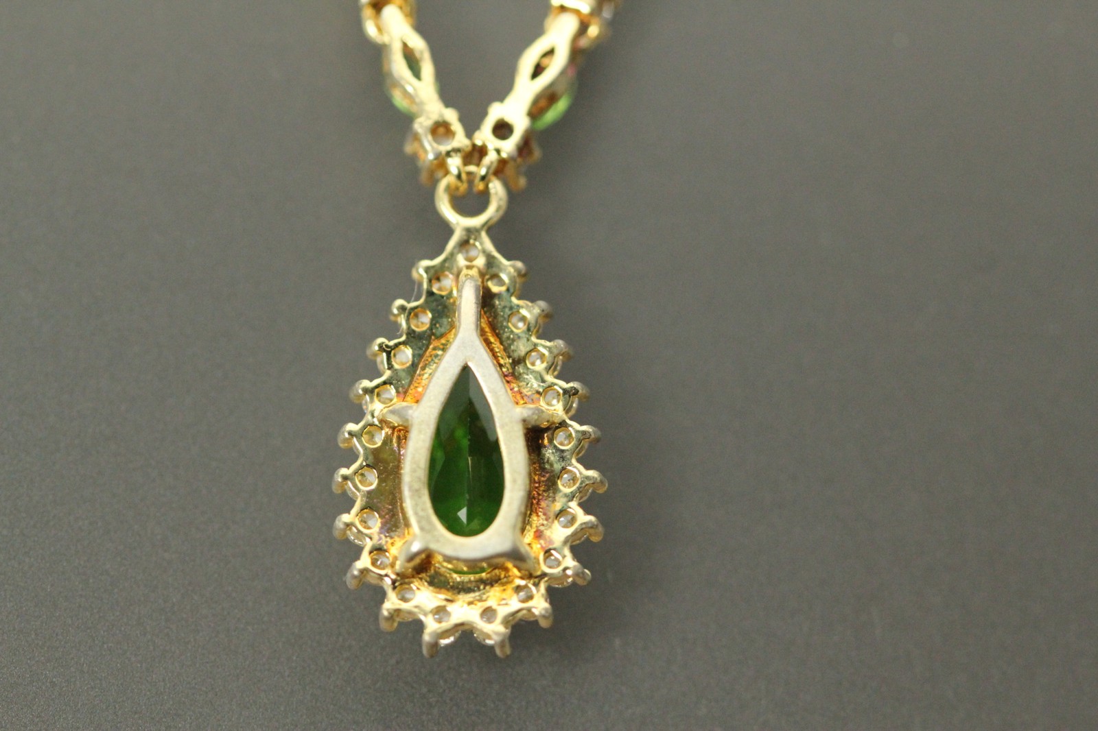 Gold Plated Green & Clear CZ Tear Drop Sterling Silver 19″ Necklace 5.2g NEC5824