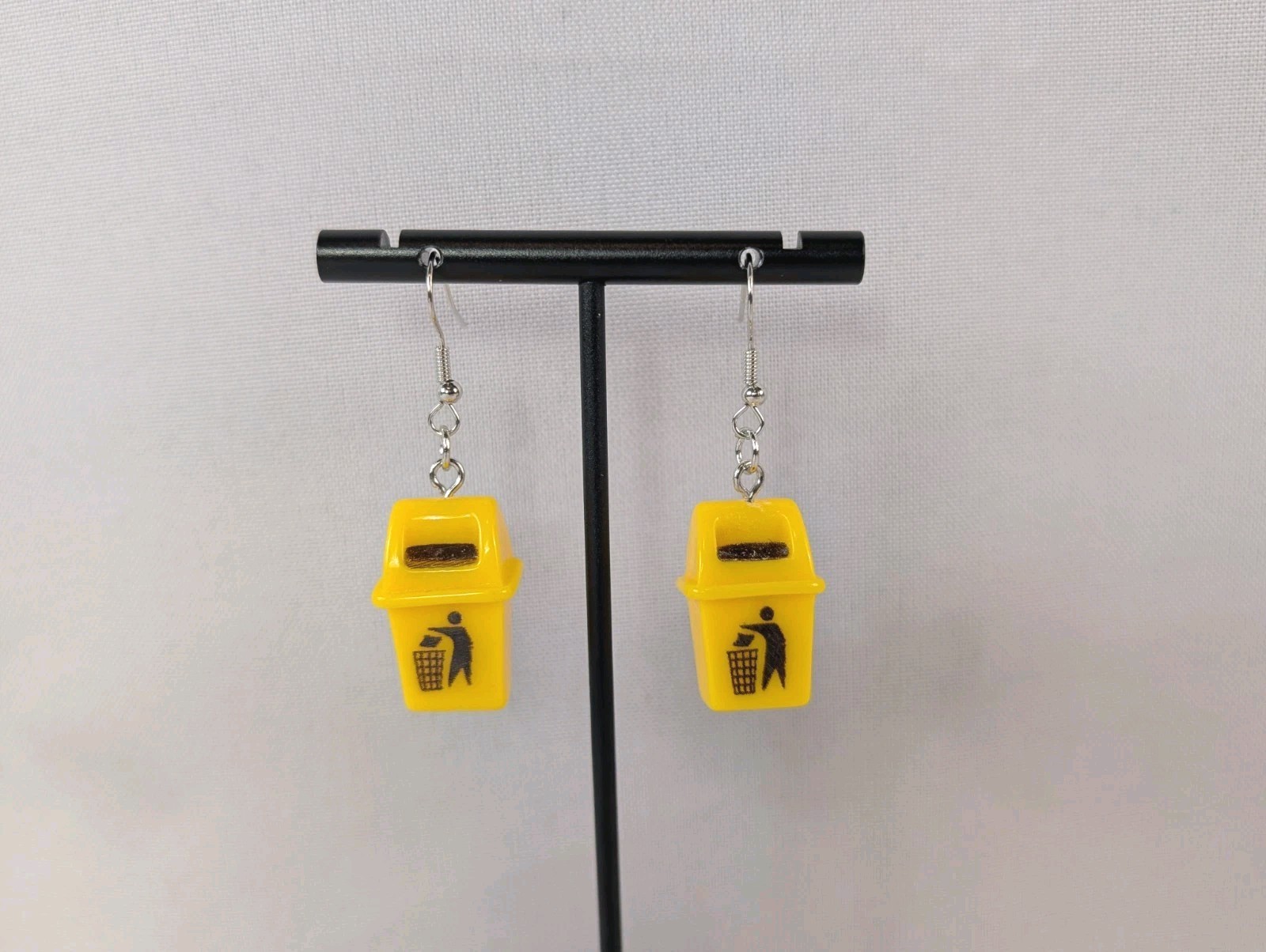 3D Yellow Black Trashcan Silver Tone Hook Dangle Drop Pierced Earrings Novelty