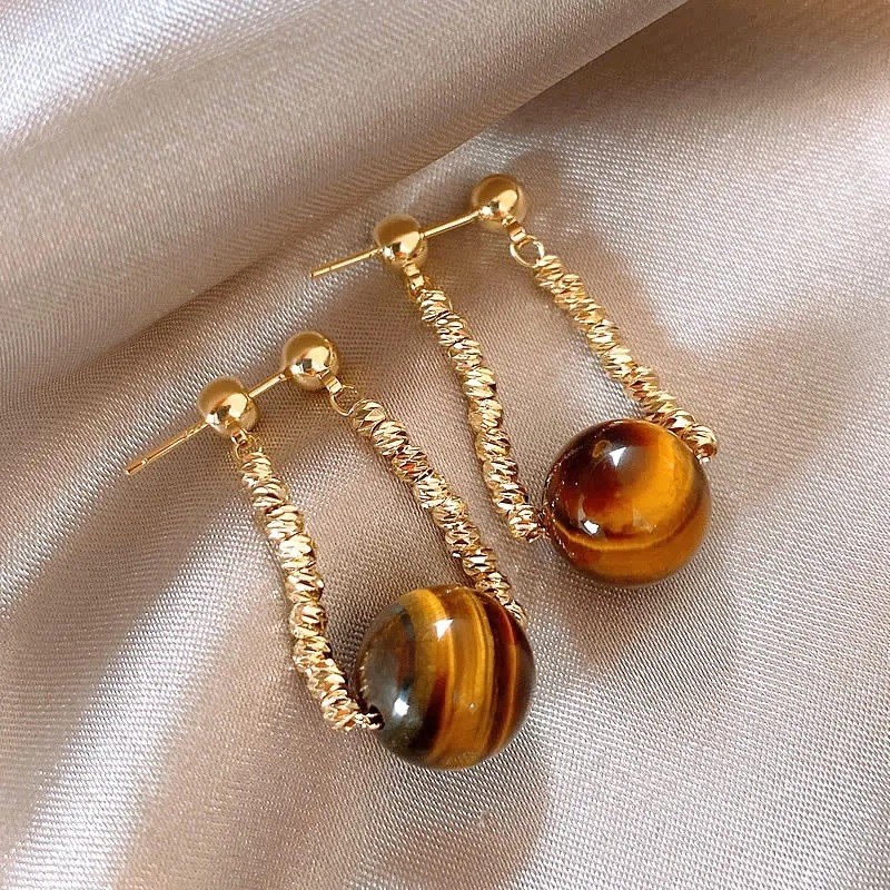 Round Tiger Eye Stone Hanging Earrings Womens Pendant Earring Fashion Jewelry
