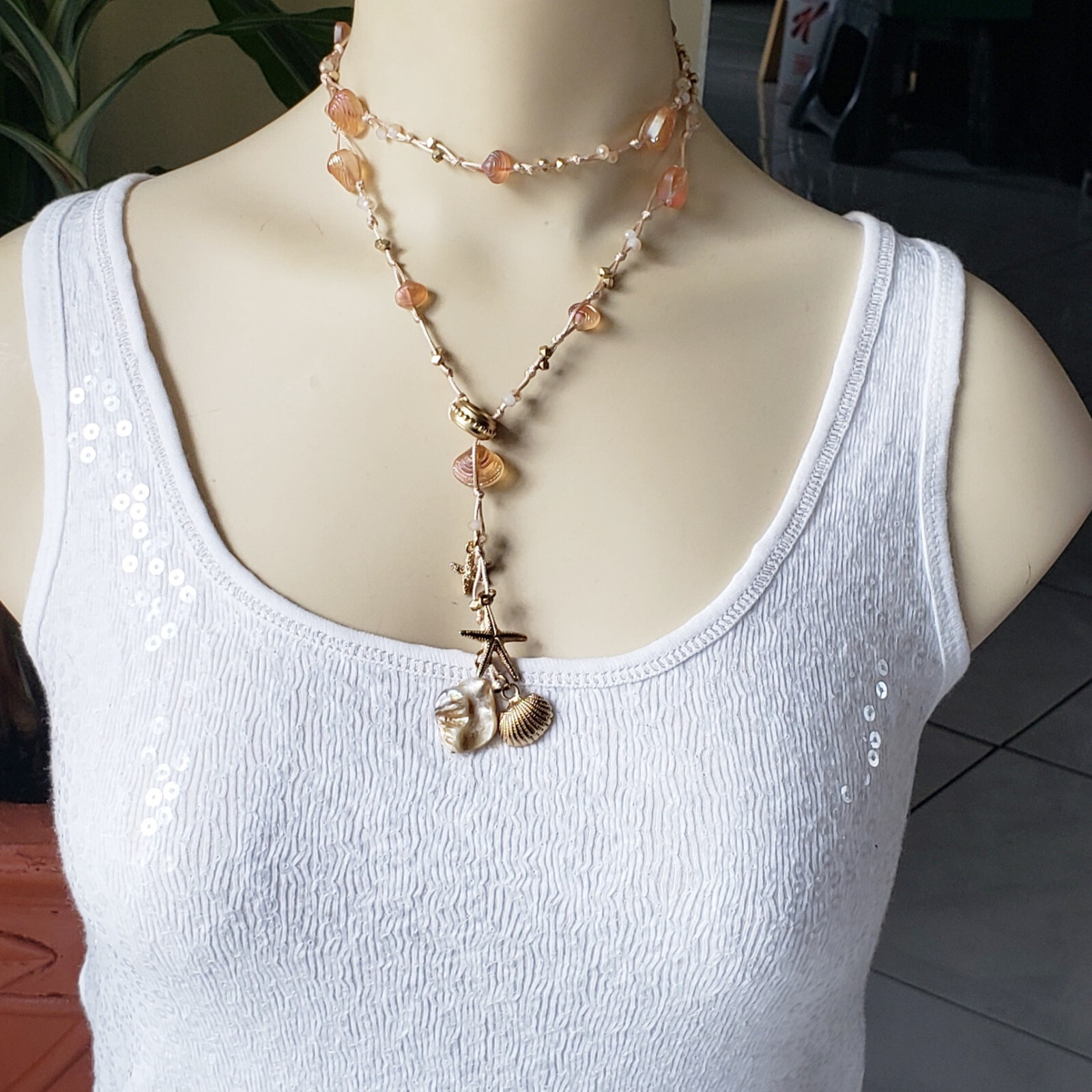 Sea Life Starfish Glass Shell Coral Beach Woven Rope Y Lariat Long Necklace NWT