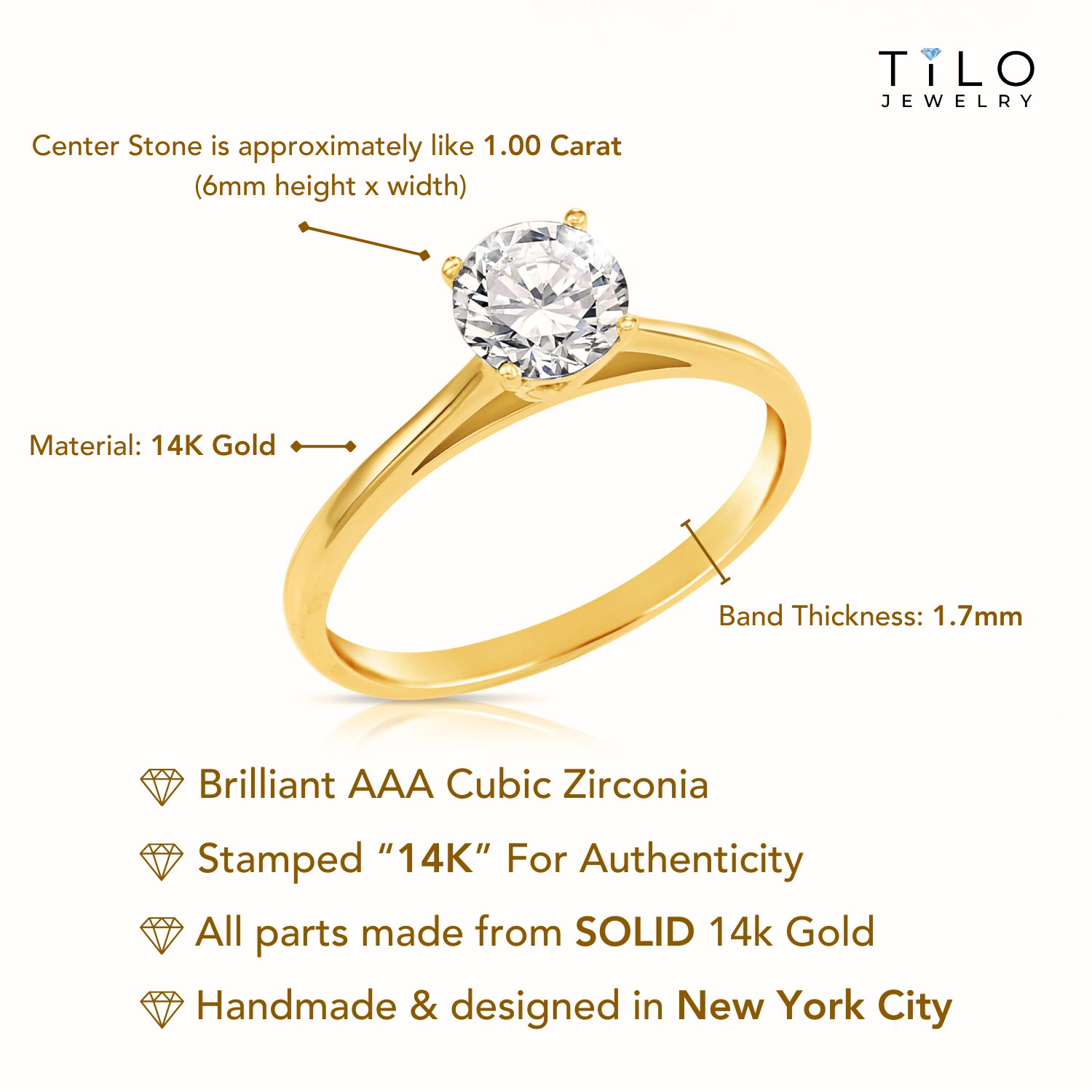 14K Real Solid Yellow Gold 1Ct Solitaire Round Brilliant Engagement Wedding Ring