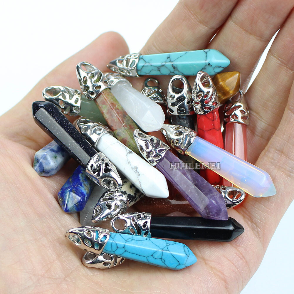 20pcs Mixed Natural Stone Gems Hexagonal Pointed Pendants Healing Crystal Quartz