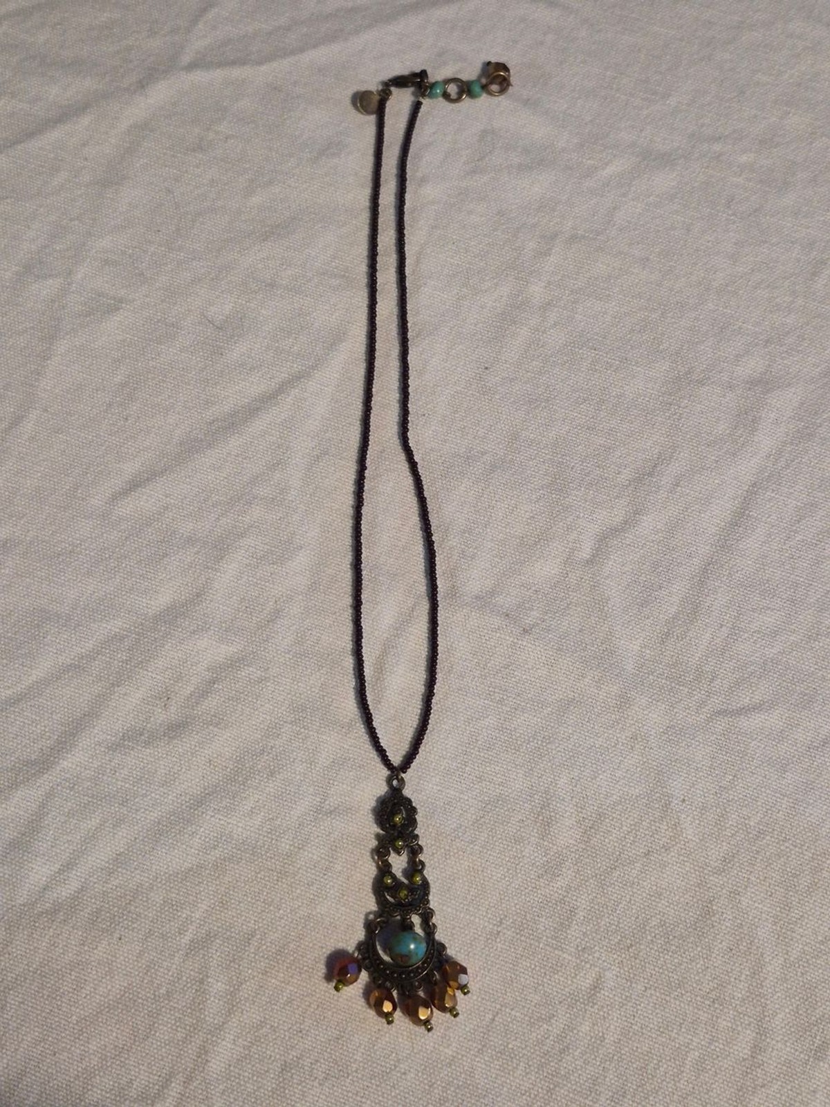 David Aubrey Vintage Inspired Beaded Bronze Filigree Drop Necklace