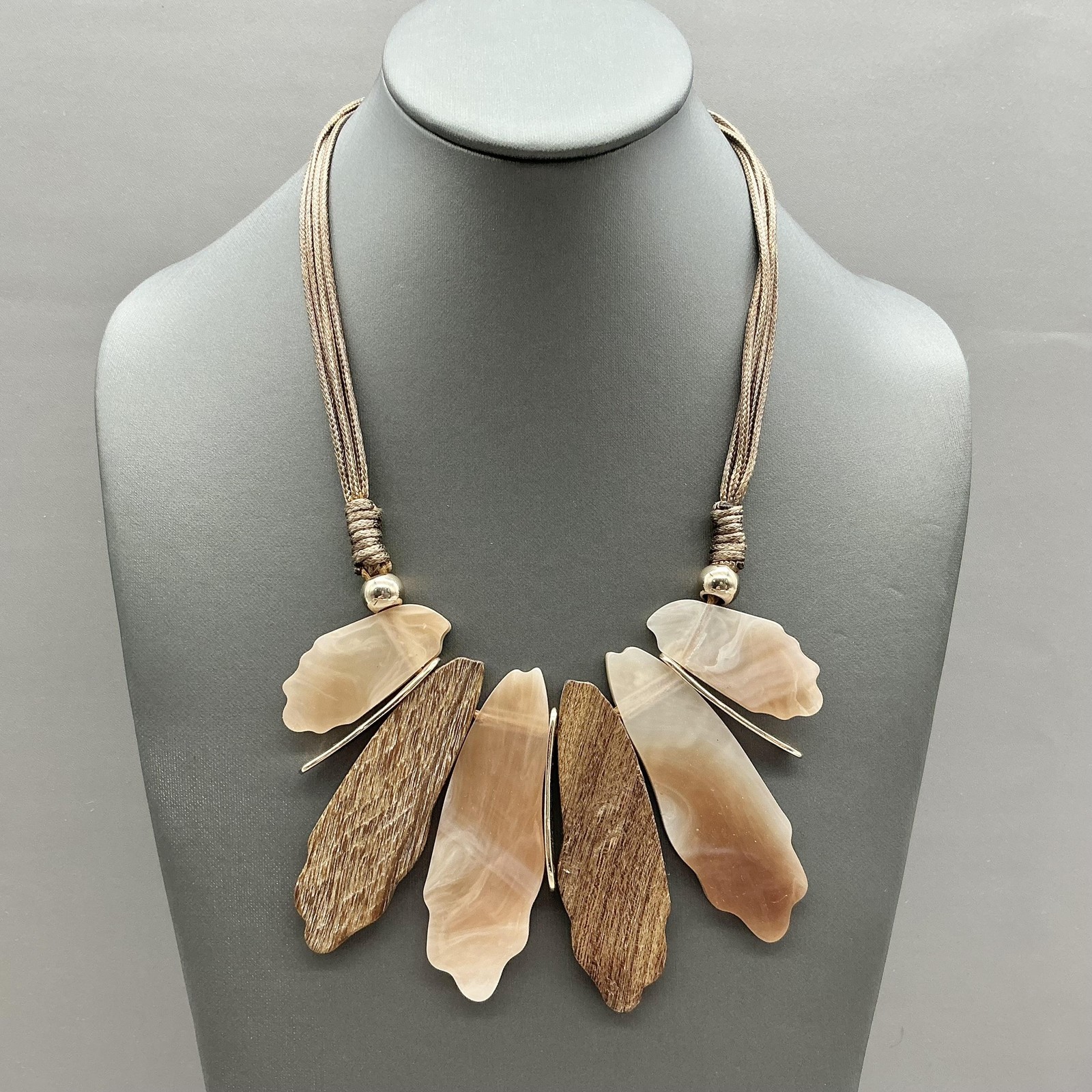 Necklace Brown Wood Cream Resin Bib Statement Cord Womens Adjustable 20 Inch