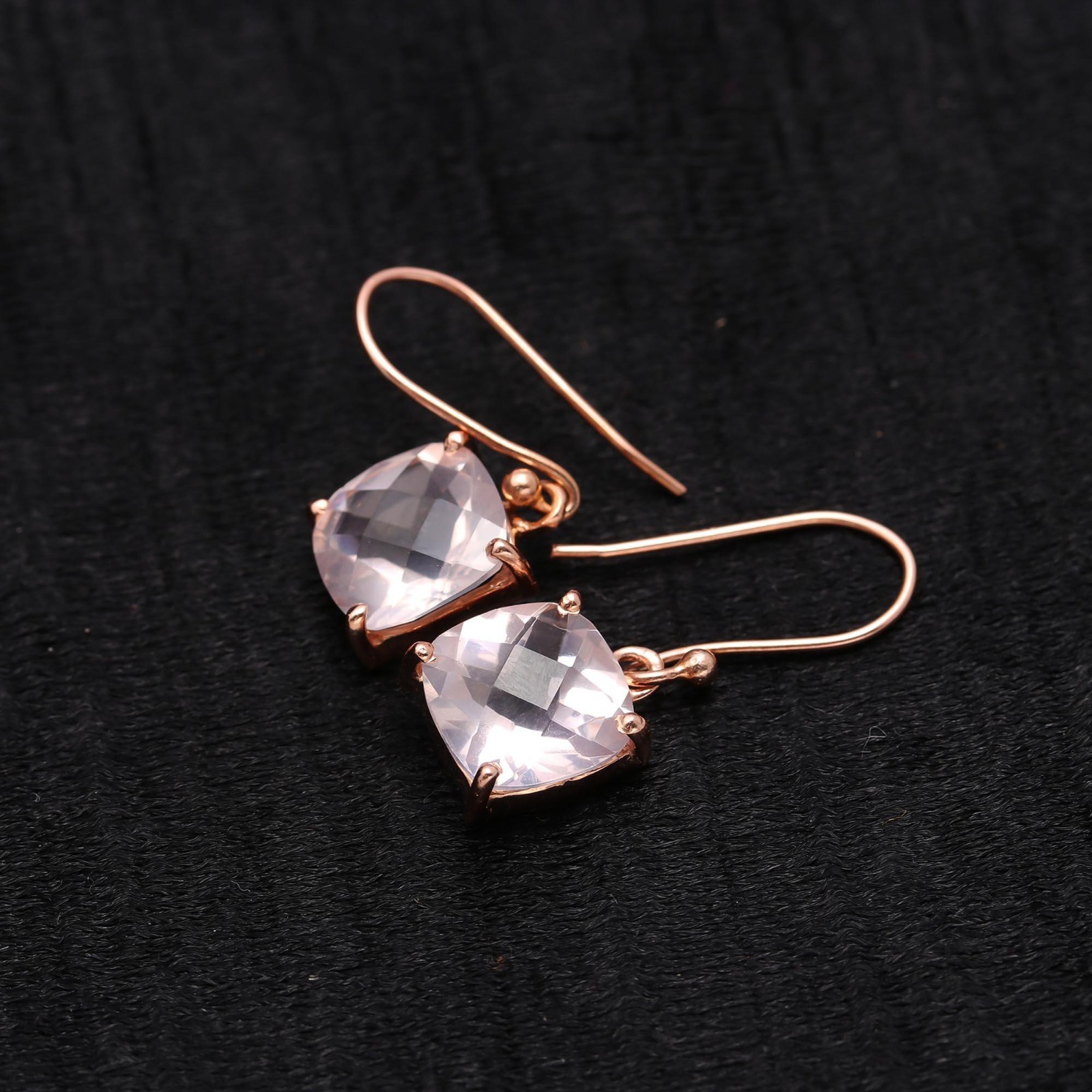 Natural Rose Quartz Cushion Dangle Earrings Rose Gold Fill Solid Silver Jewelry