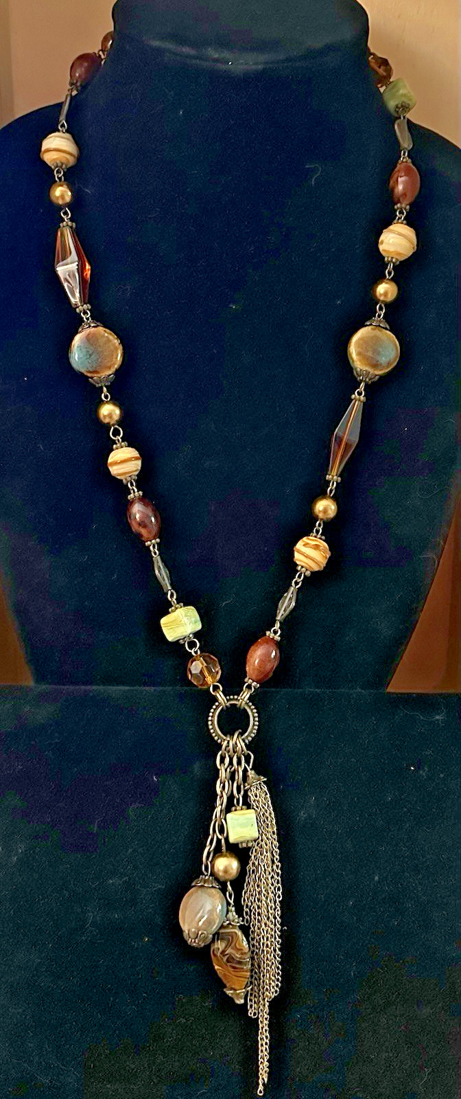 Bohemian Long Tassel Necklace Earth Tones Beaded Mixed Materials 26-29”