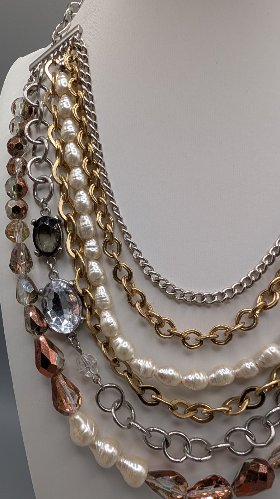 Chico’s Multi Strand Statement Necklace Gold Silver Faux Pearl Crystal 100g
