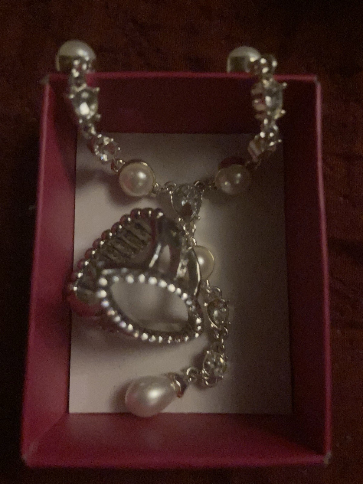 Faux Stretchable ring And Sliver Plated Pearl Necklace Set Comes in Jewelry Box