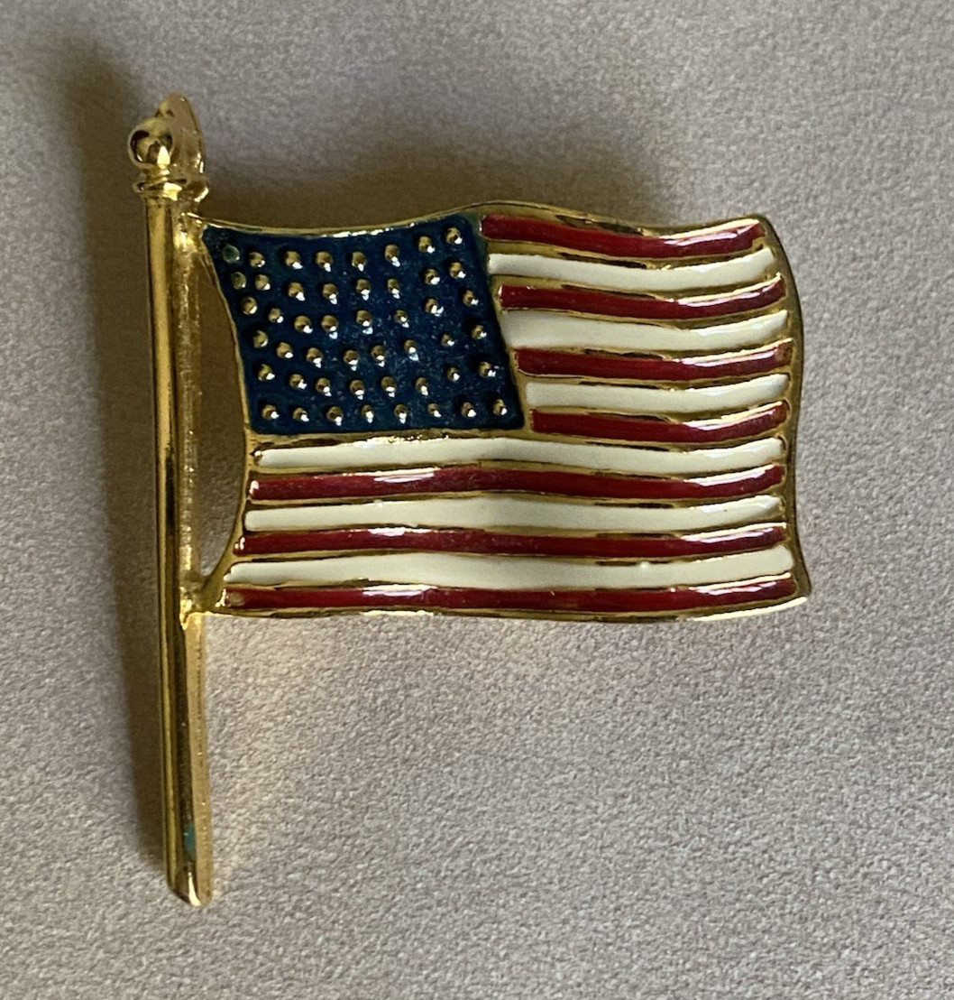 Elegant Enamel Waving American Flag Brooch, Approx. 1.5″
