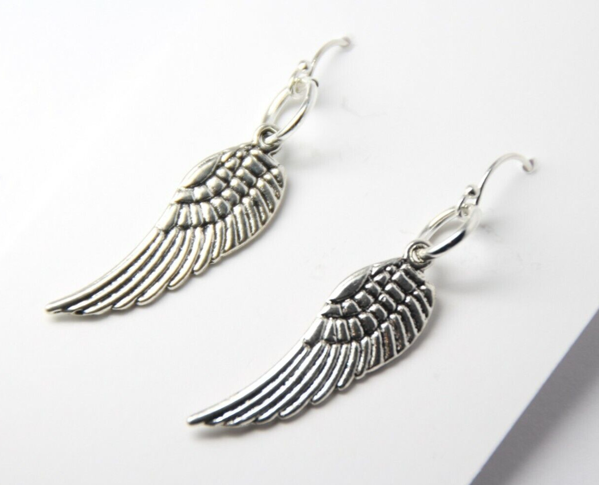 Feather Charm Earrings 925 sterling silver Hooks Angel Wings Pewter Charms