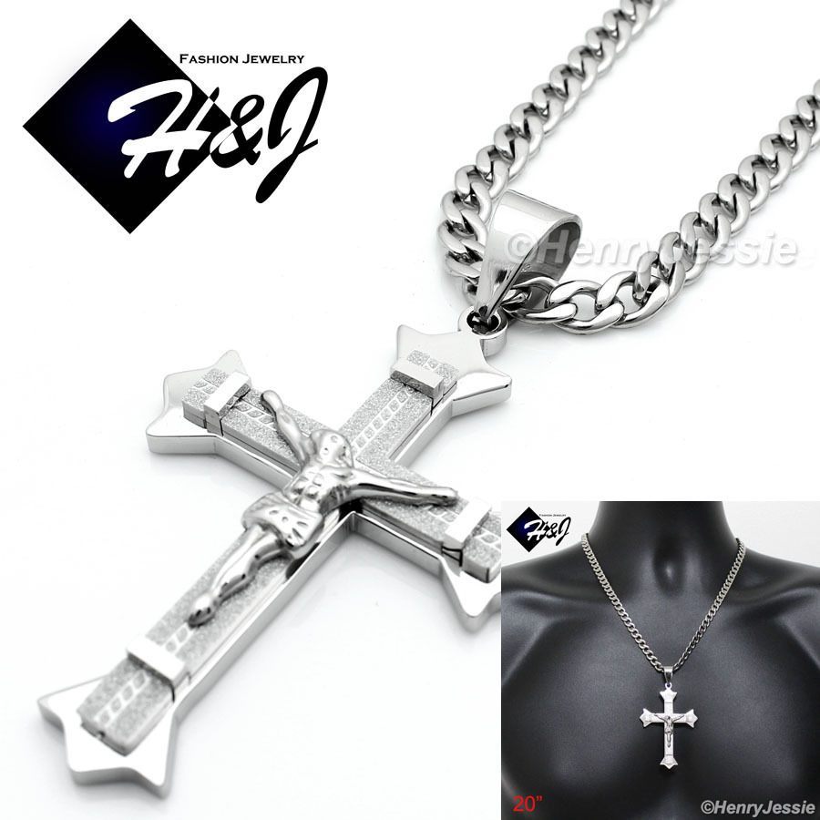 20″MEN’s Stainless Steel 7mm Silver Cuban Curb Chain Necklace Cross Pendant*MJ28
