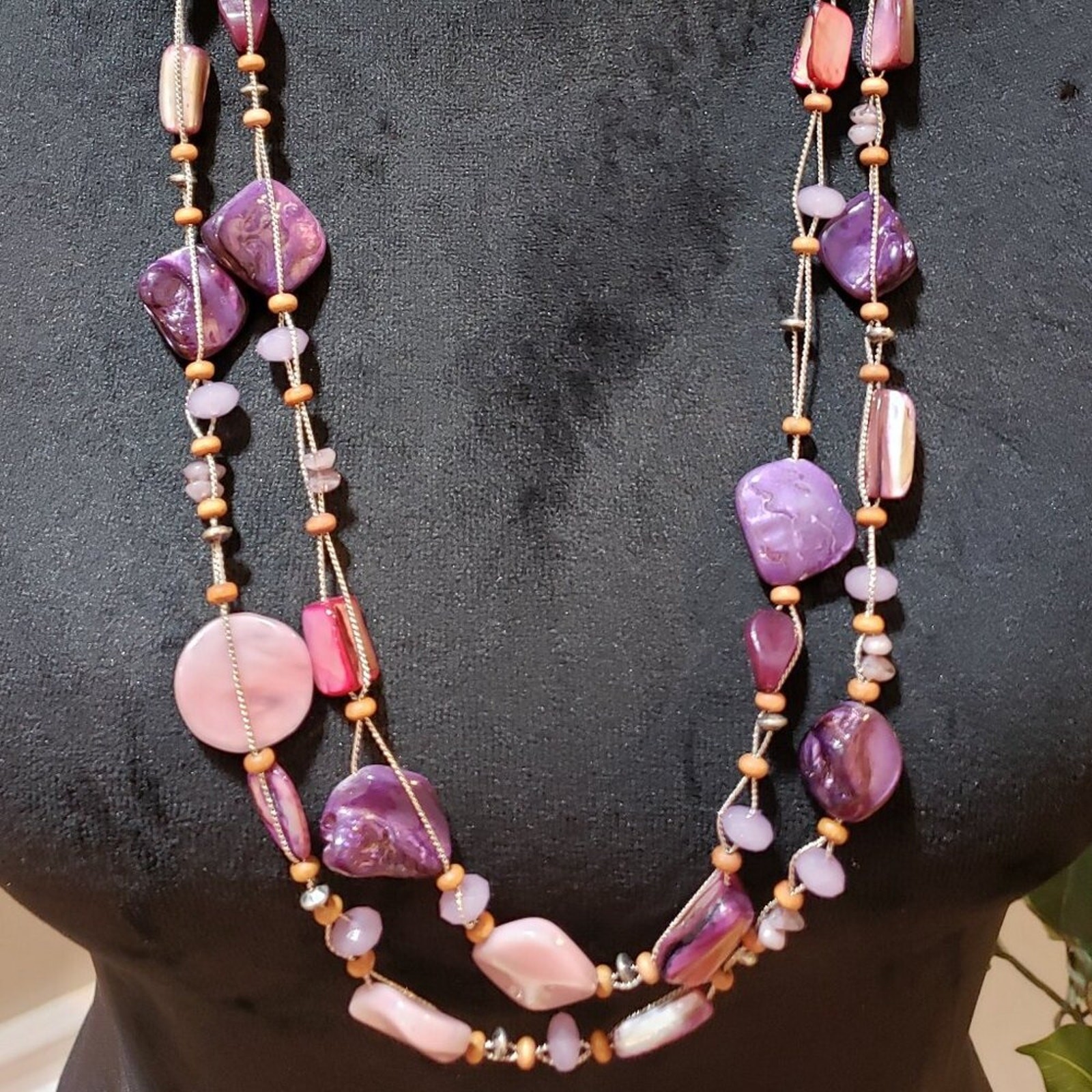 Womens Fashion Two Strand Chunky Amethyst Stones Seed Beads Necklace w/ Lobster