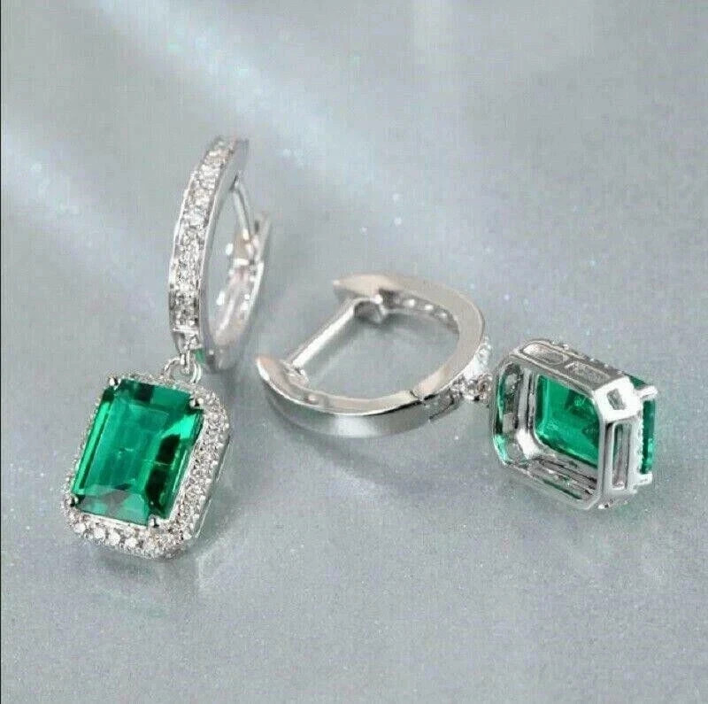 2.16 Ct Emerald Cut Emerald Earrings Wedding Earrings 14k Solid White Gold