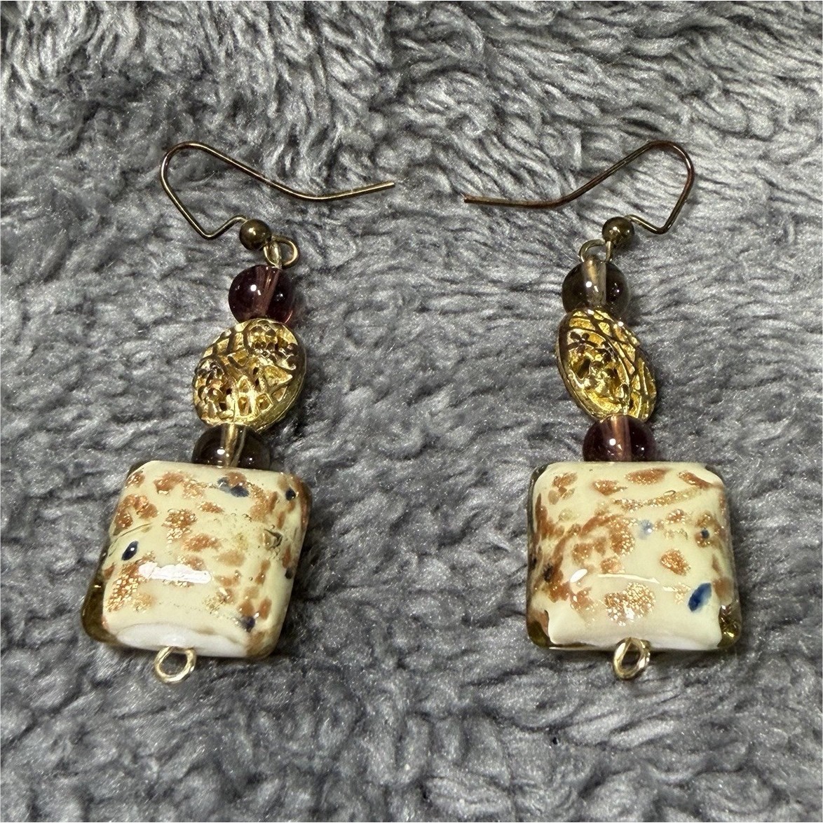 Gold & Ivory Square Glass Bead Dangle/Drop Earrings, Hook Closure, Metal