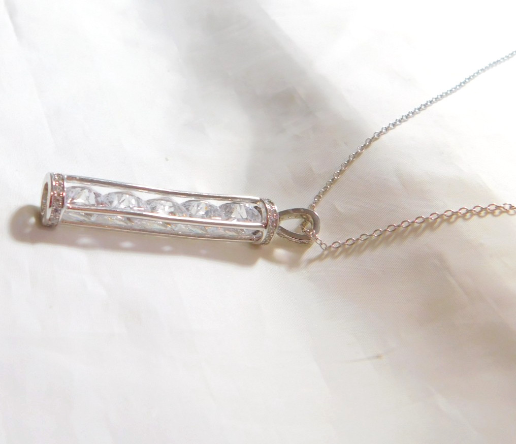Sterling Silver CZ Modern Vertical Bar Pendant Necklace N580