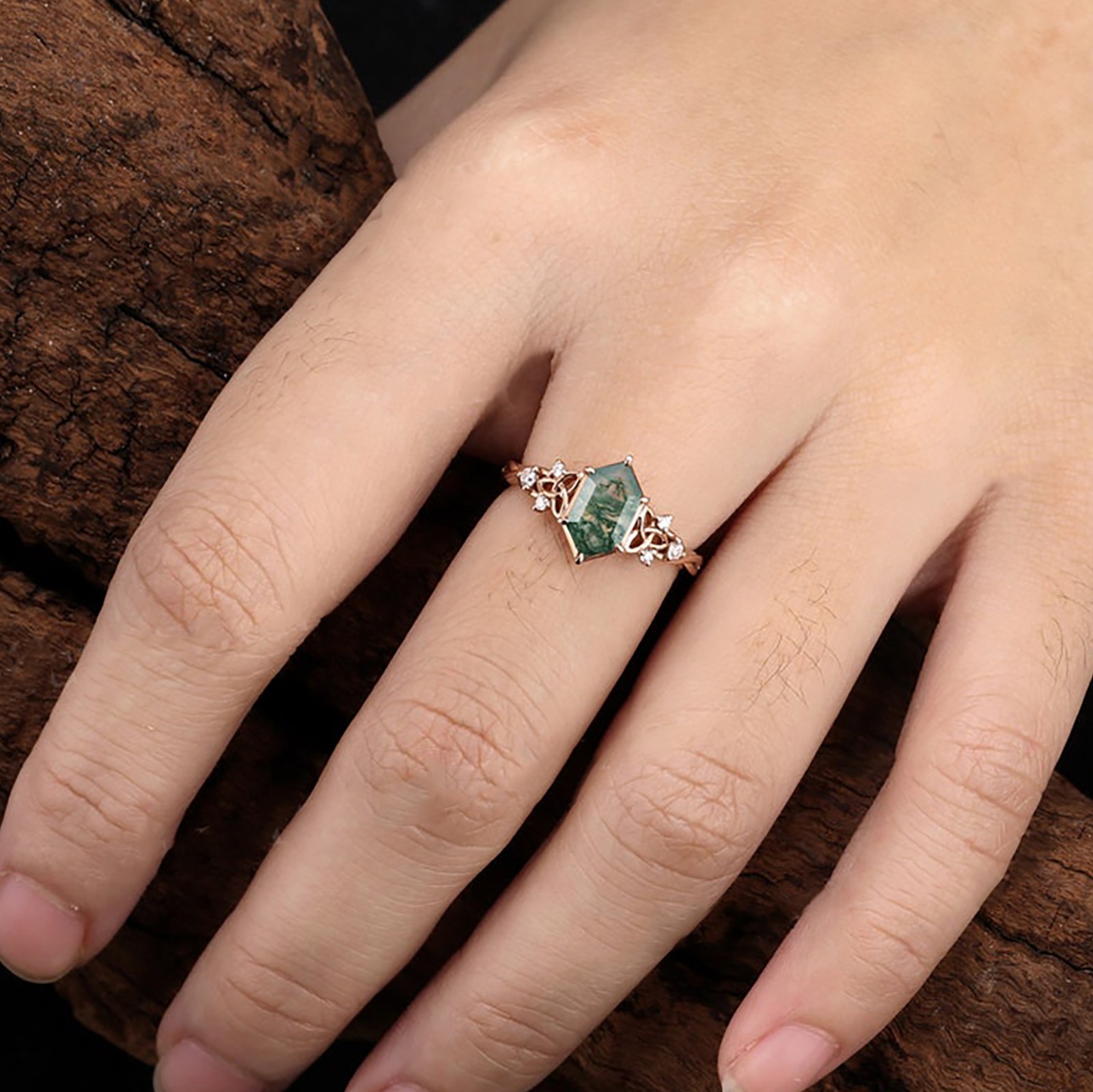 Unique Hexagon Cut Moss Agate &Moissanite Engagement Ring, Celtic Knot Band Ring