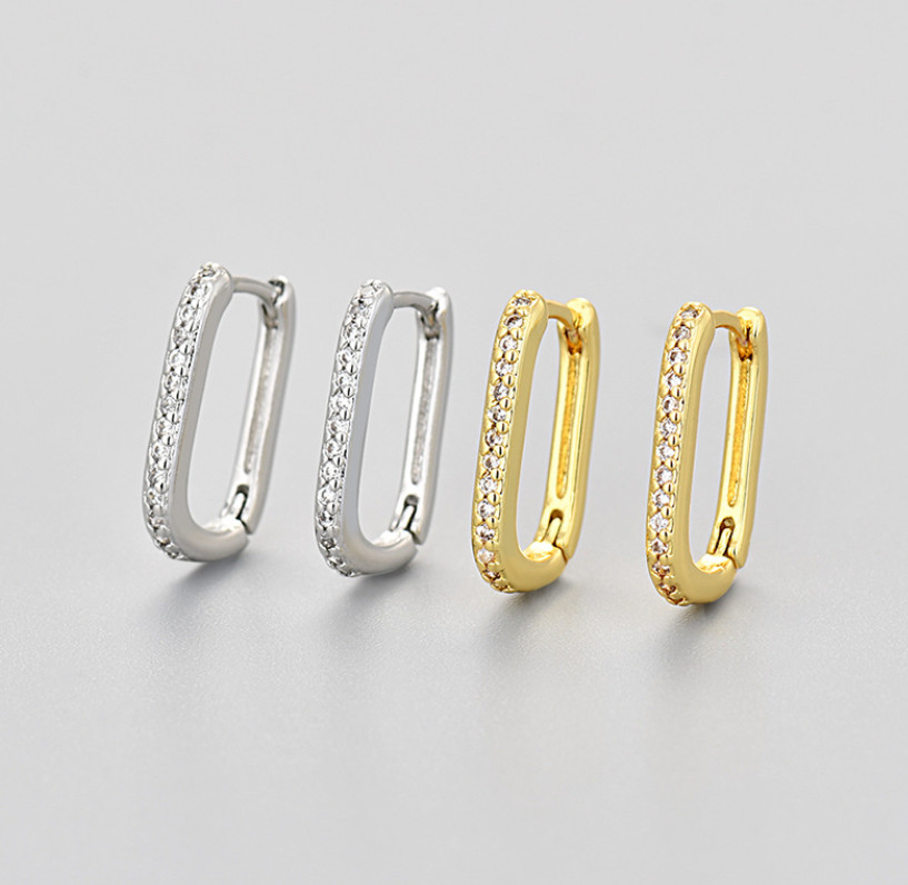 Women 925 Sterling Silver Plated U-Shape CZ Silver Gold Huggie Hoop Earrings A9