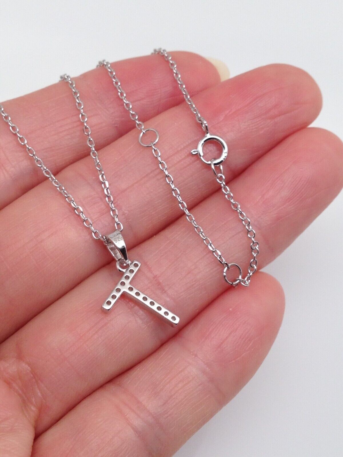 925 Sterling Silver CZ Initial Letter T Pendant Necklace Tiny 9.5mm 16-18″ Women