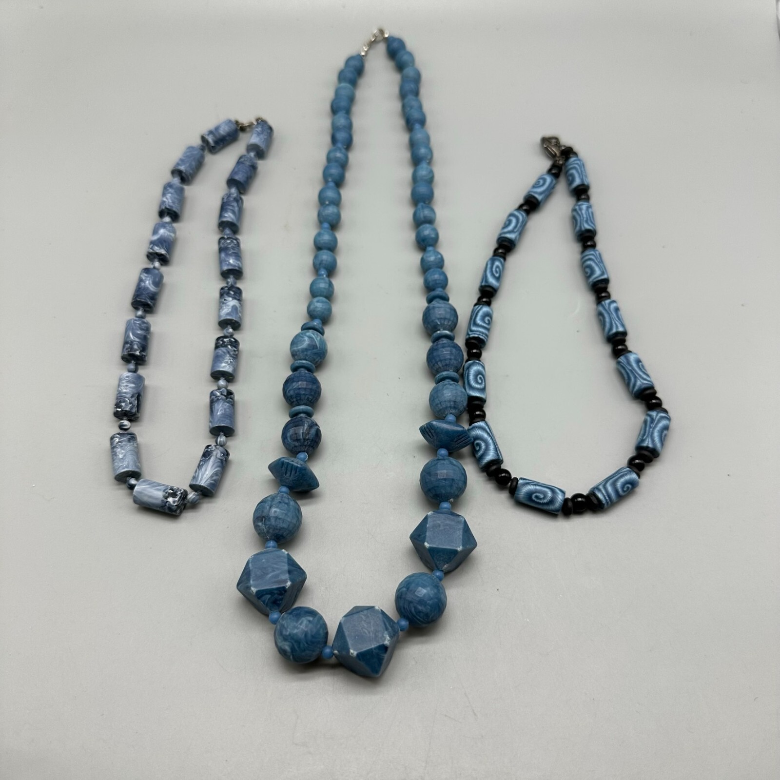 Blue Beaded Necklace Lot Mixed Shapes Matte Finish Costume Jewelry Bundle