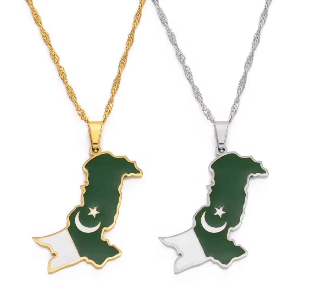 Pakistan Map Flag Charm Pendant Necklace Rope Chain Metal Gold/Silver Tone